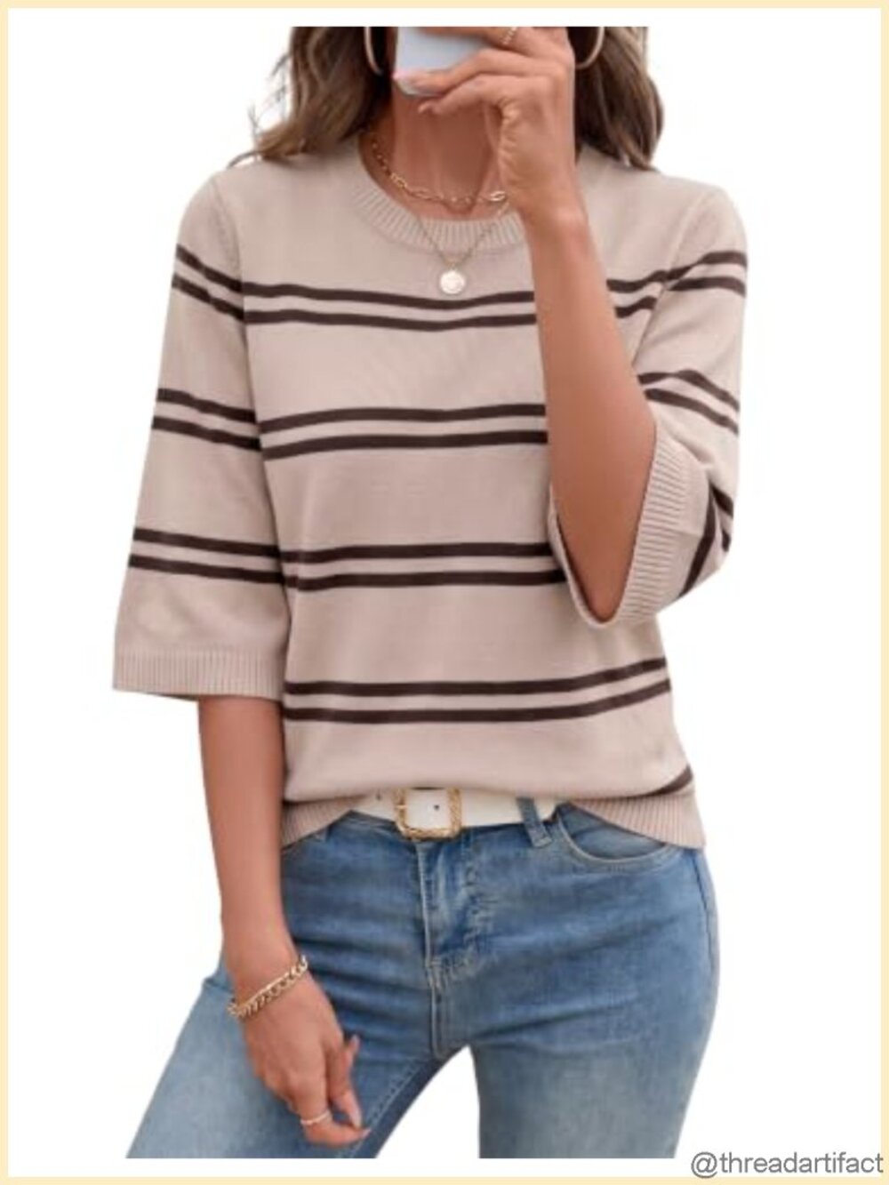 Womens 3/4 Sleeve Striped Lightweight Viscose Knit Sweater